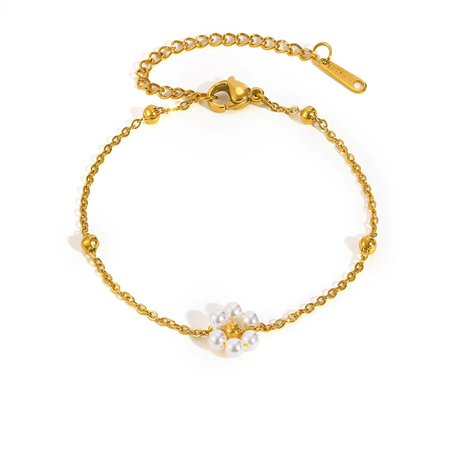 Stainless Steel Pearl Flower Bracelet, Gold Plated - Image 2