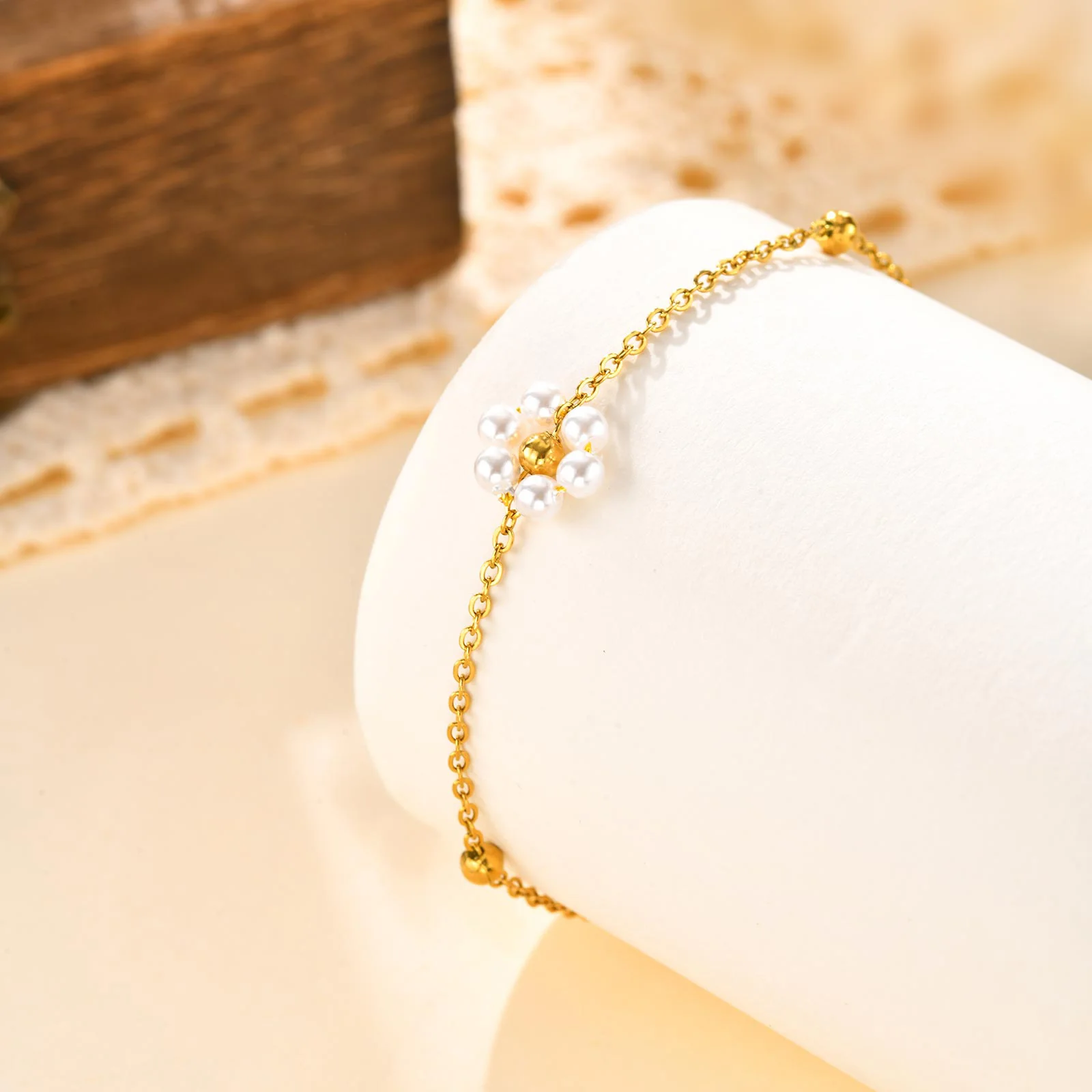 Stainless Steel Pearl Flower Bracelet, Gold Plated - Image 3