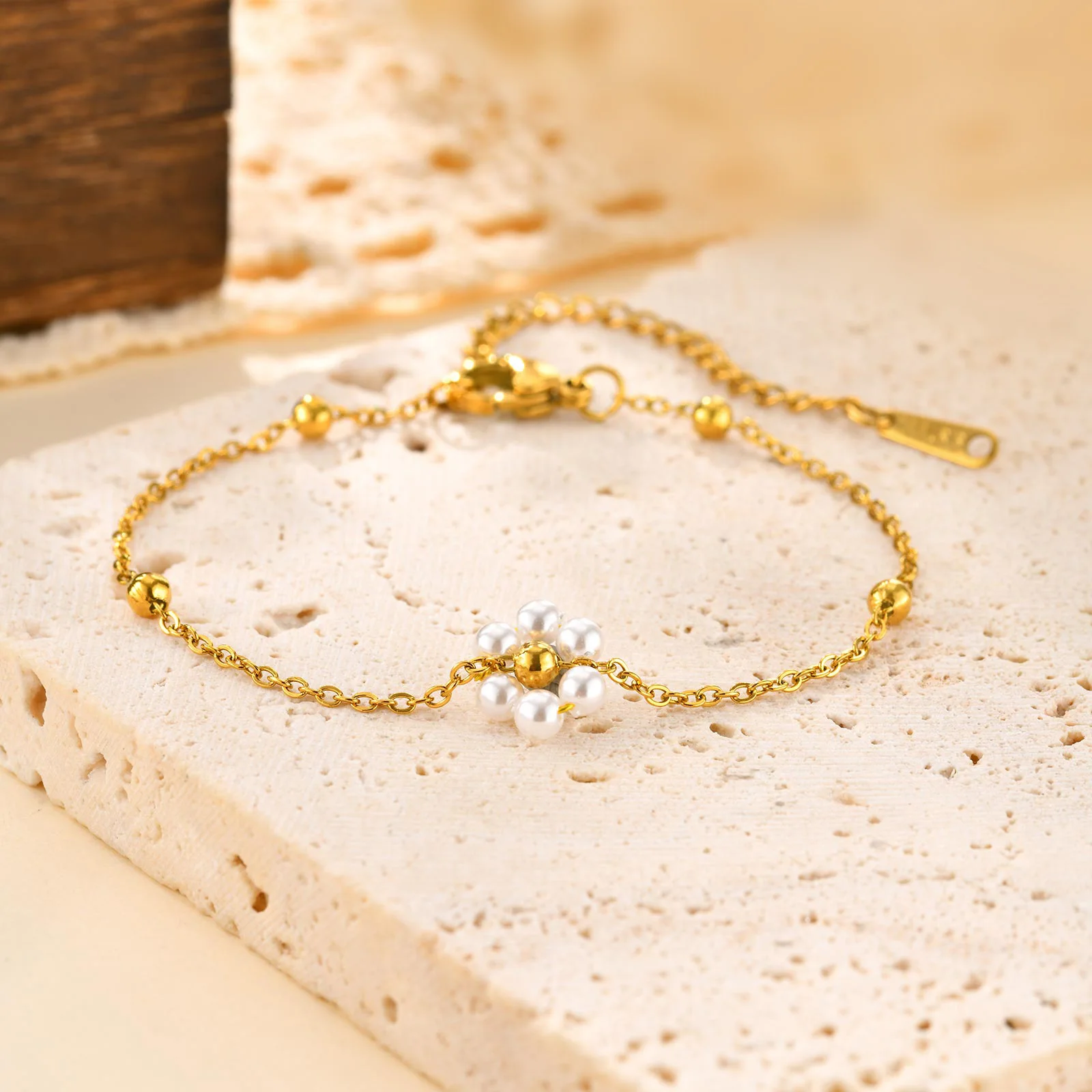 Stainless Steel Pearl Flower Bracelet, Gold Plated - Image 4