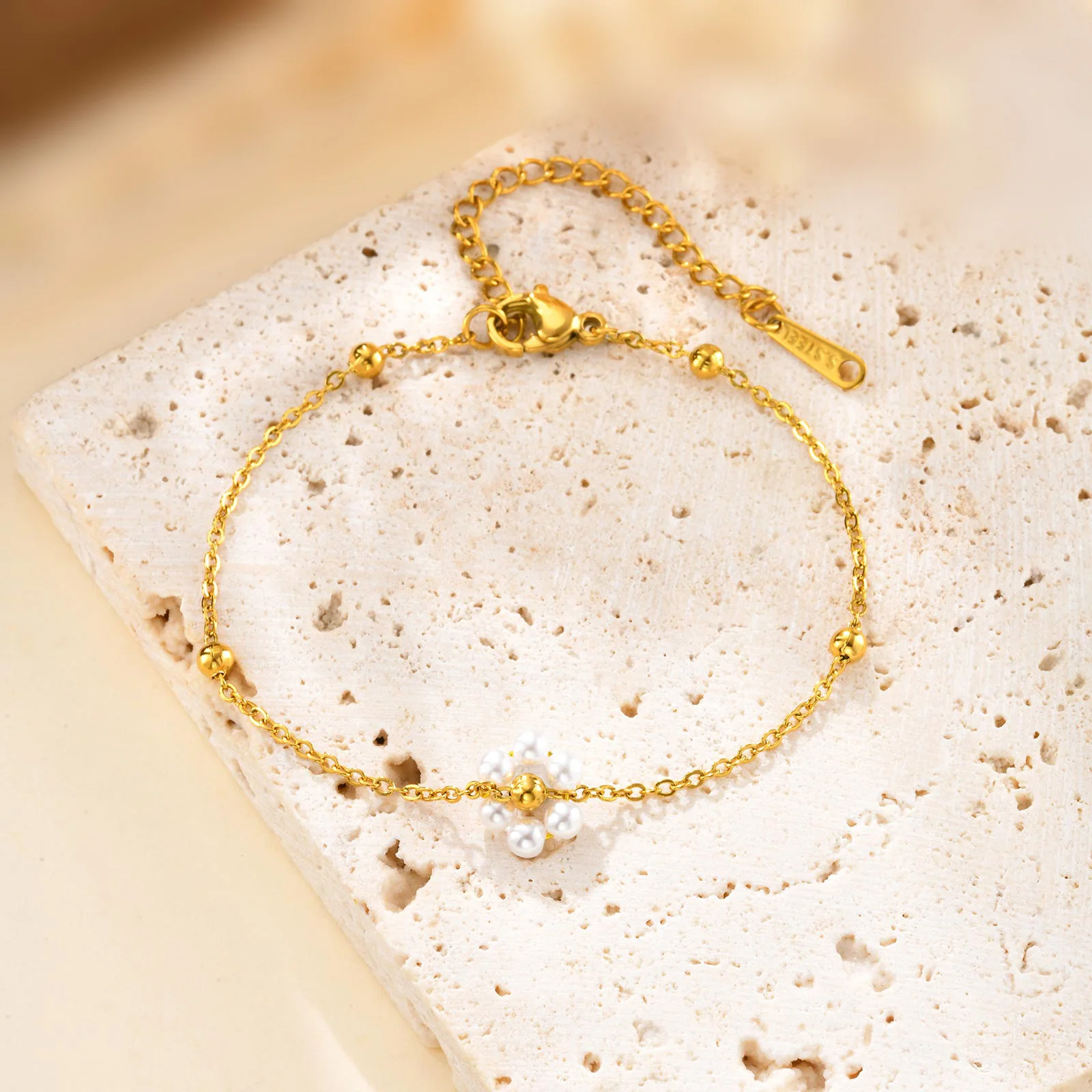 Stainless Steel Pearl Flower Bracelet, Gold Plated - Image 5