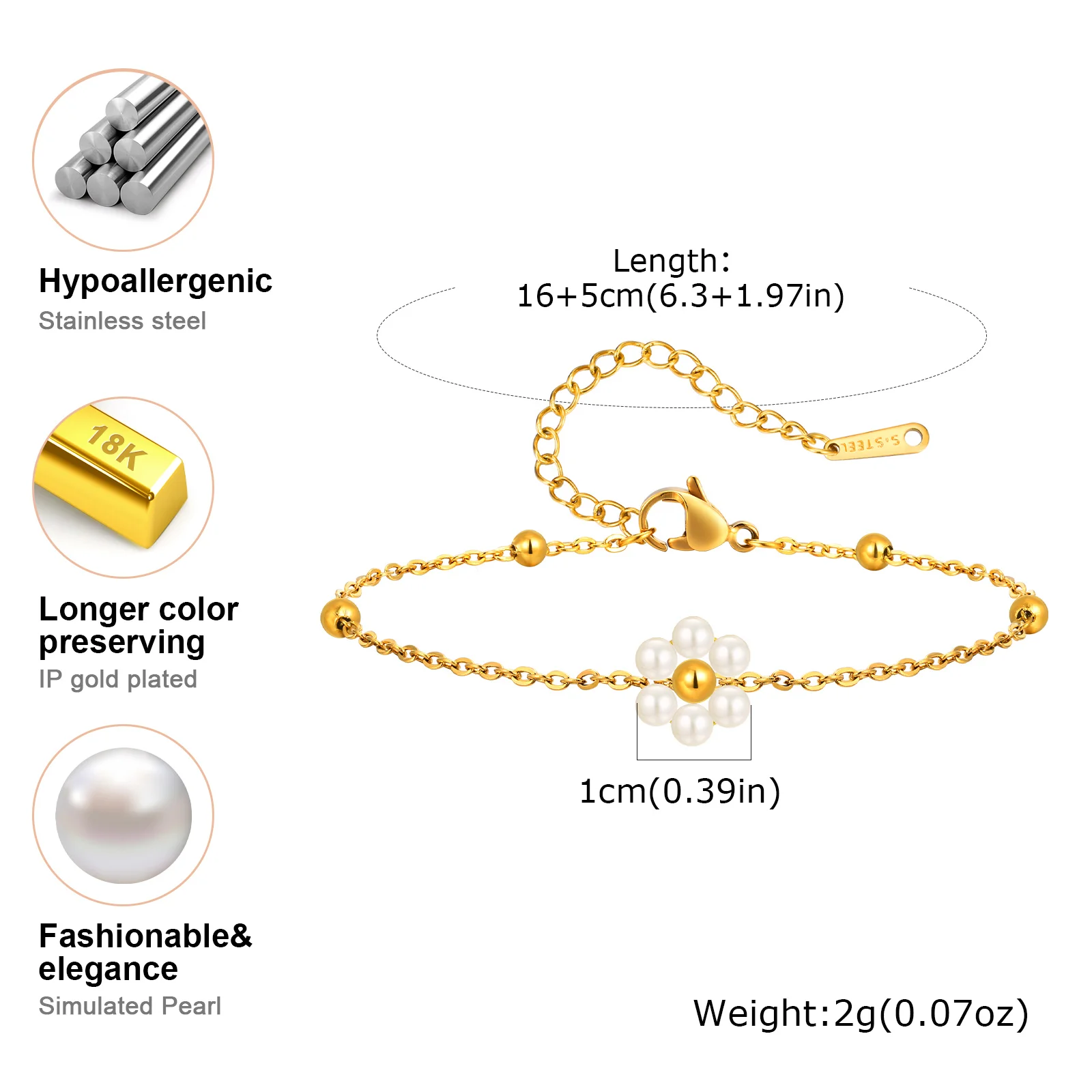 Stainless Steel Pearl Flower Bracelet, Gold Plated - Image 6