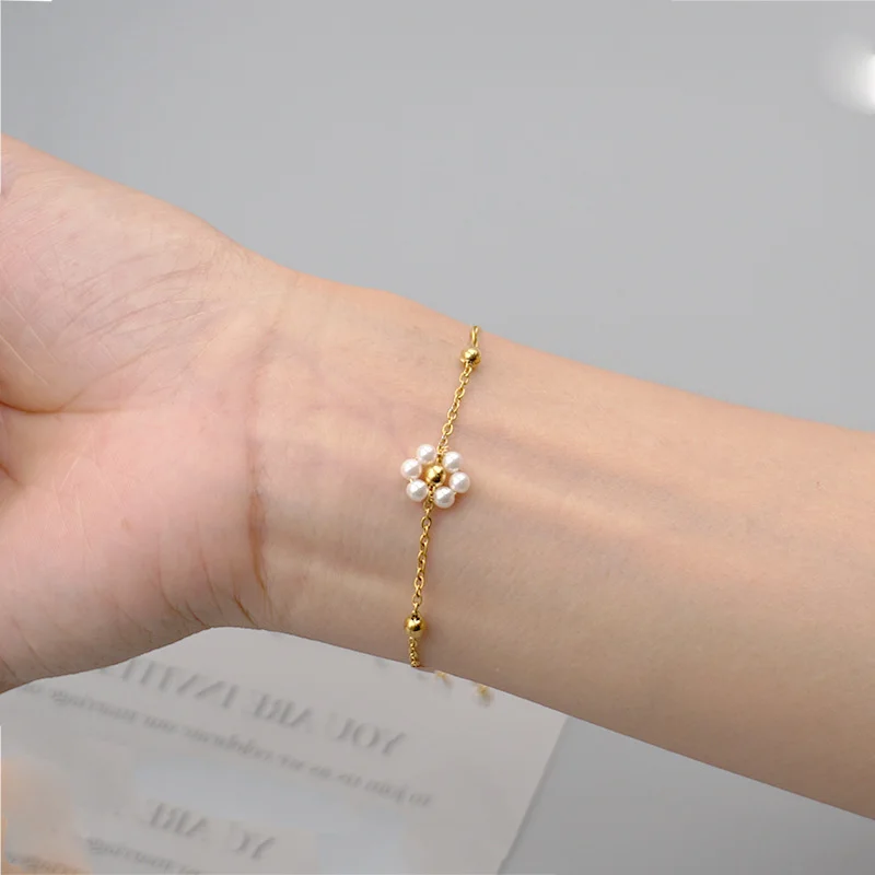 Stainless Steel Pearl Flower Bracelet, Gold Plated
