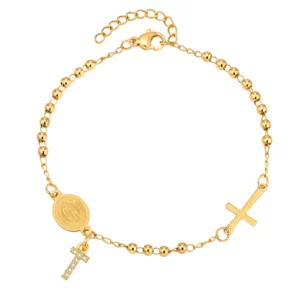 Stainless Steel Rosary Bracelet, Gold-Plated Initial Pendant - Image 7