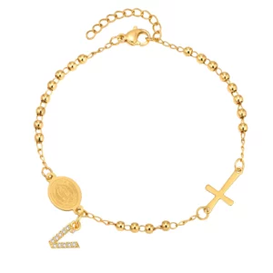 Stainless Steel Rosary Bracelet, Gold-Plated Initial Pendant - Image 29