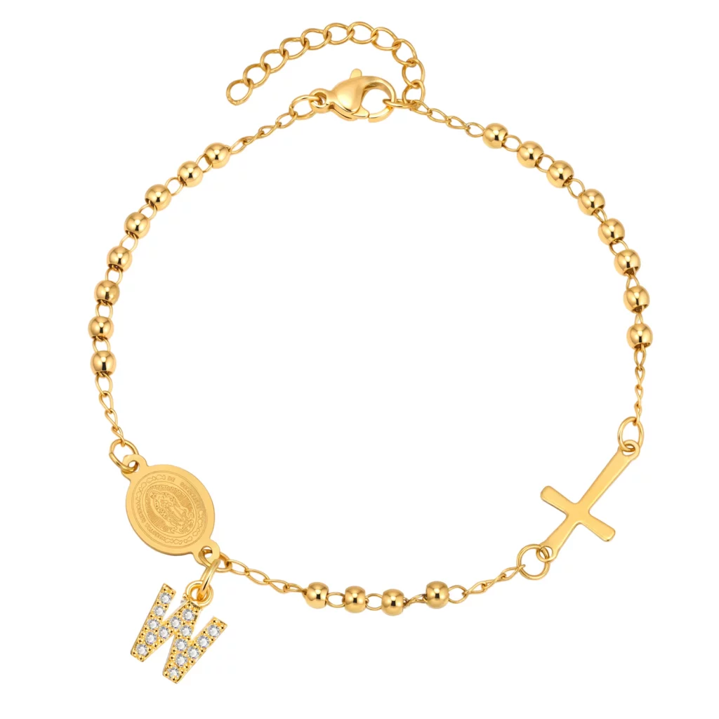 Stainless Steel Rosary Bracelet, Gold-Plated Initial Pendant