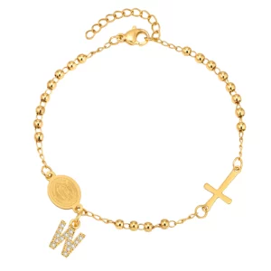 Stainless Steel Rosary Bracelet, Gold-Plated Initial Pendant - Image 28