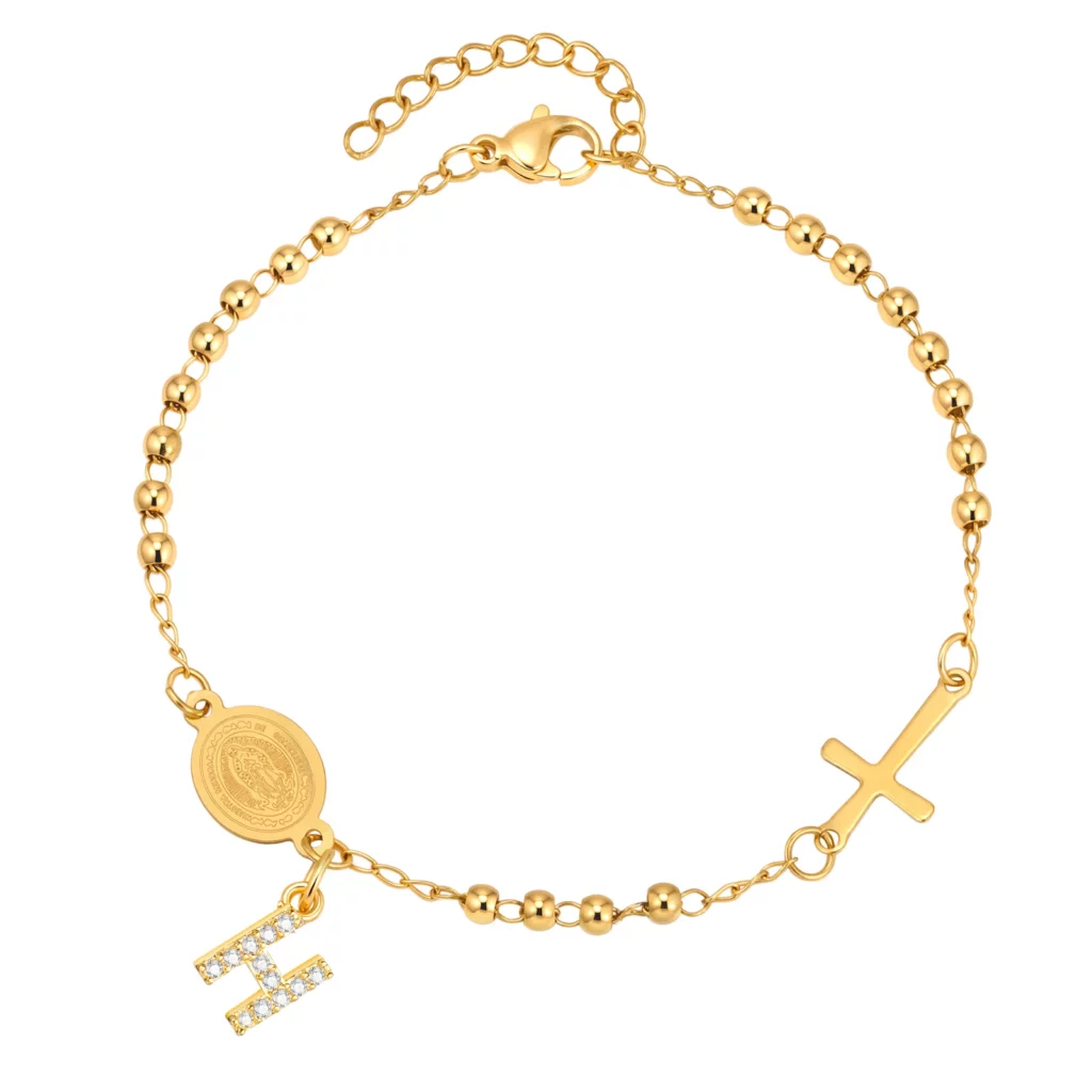 Stainless Steel Rosary Bracelet, Gold-Plated Initial Pendant