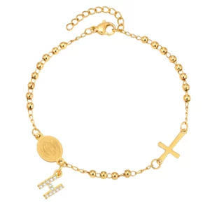 Stainless Steel Rosary Bracelet, Gold-Plated Initial Pendant - Image 17
