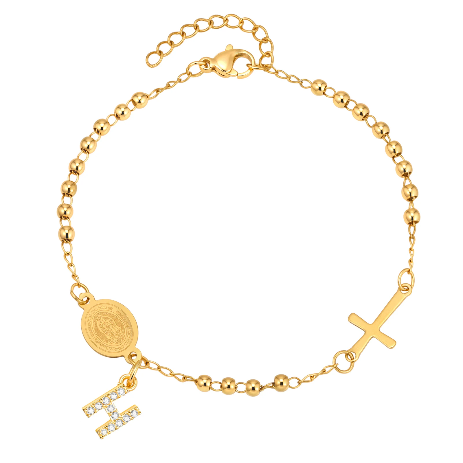 Stainless Steel Rosary Bracelet, Gold-Plated Initial Pendant - Image 17