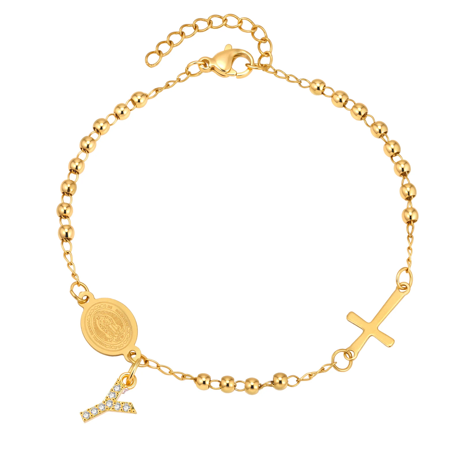Stainless Steel Rosary Bracelet, Gold-Plated Initial Pendant - Image 30