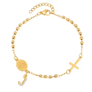 Stainless Steel Rosary Bracelet, Gold-Plated Initial Pendant - Image 19