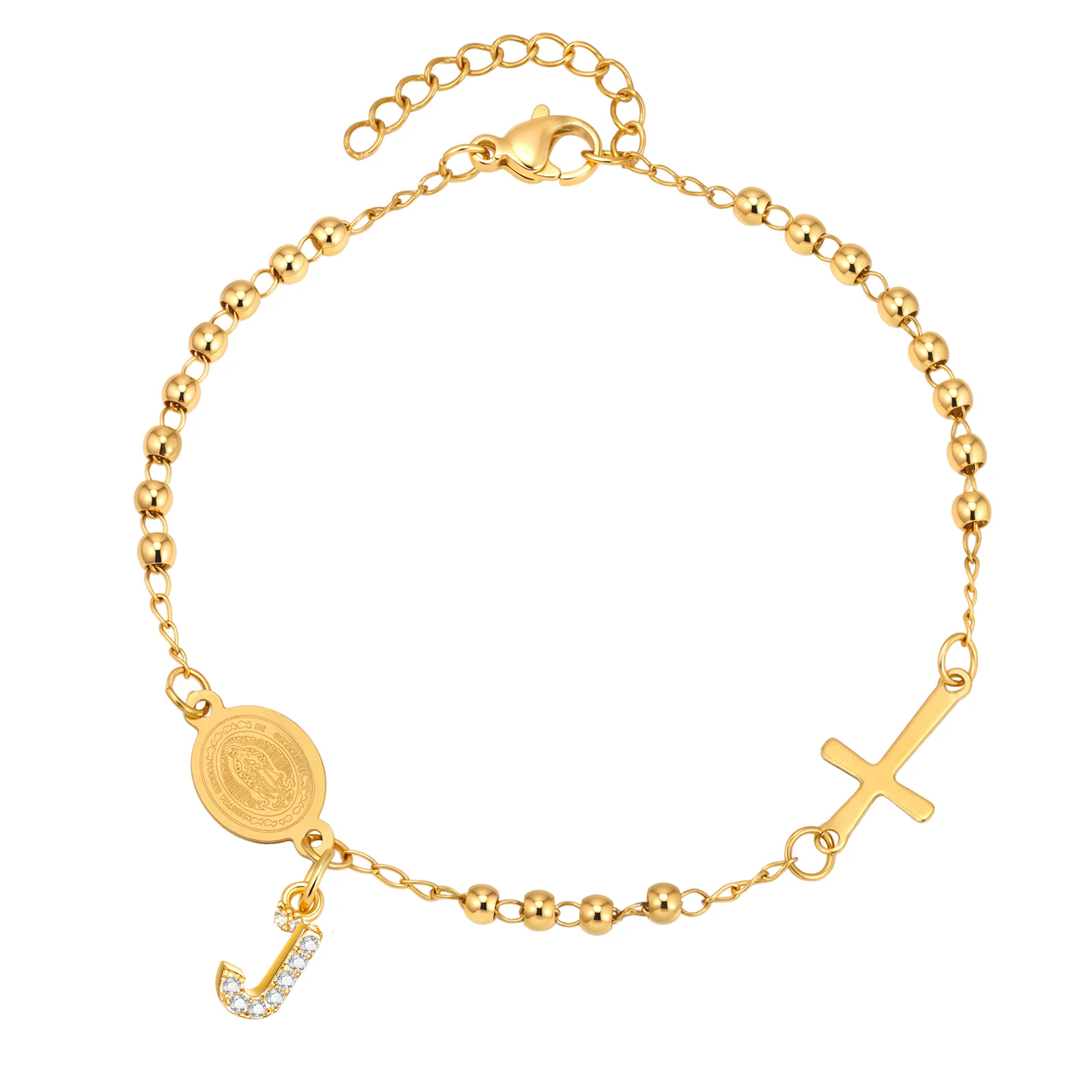 Stainless Steel Rosary Bracelet, Gold-Plated Initial Pendant - Image 19