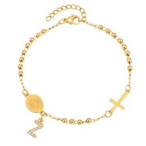Stainless Steel Rosary Bracelet, Gold-Plated Initial Pendant - Image 32