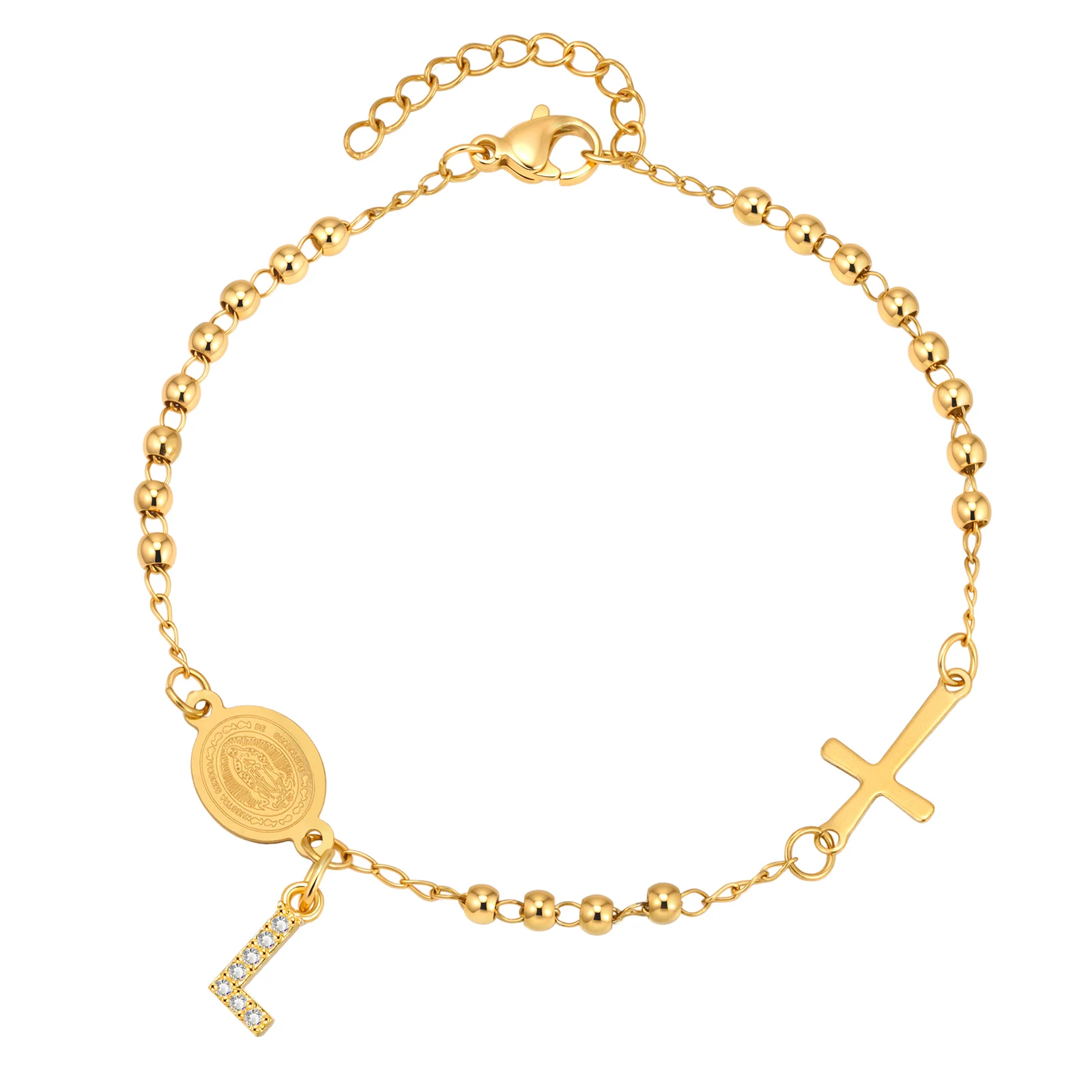 Stainless Steel Rosary Bracelet, Gold-Plated Initial Pendant - Image 13