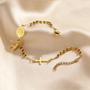Stainless Steel Rosary Bracelet, Gold-Plated Initial Pendant - Image 3