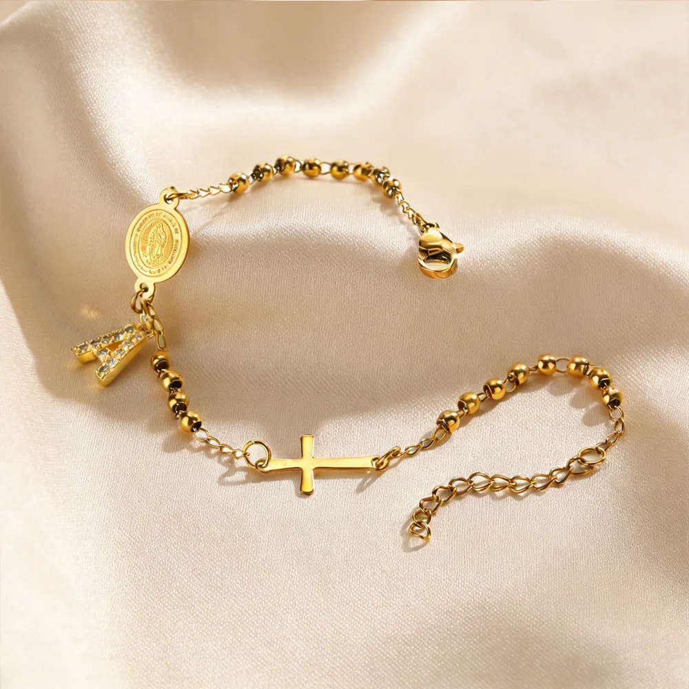 Stainless Steel Rosary Bracelet, Gold-Plated Initial Pendant