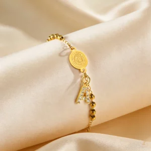 Stainless Steel Rosary Bracelet, Gold-Plated Initial Pendant - Image 4
