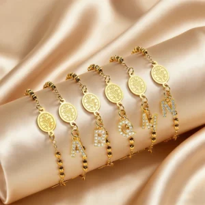 Stainless Steel Rosary Bracelet, Gold-Plated Initial Pendant - Image 1