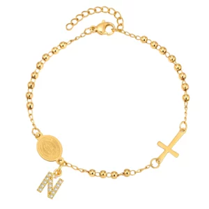 Stainless Steel Rosary Bracelet, Gold-Plated Initial Pendant - Image 15
