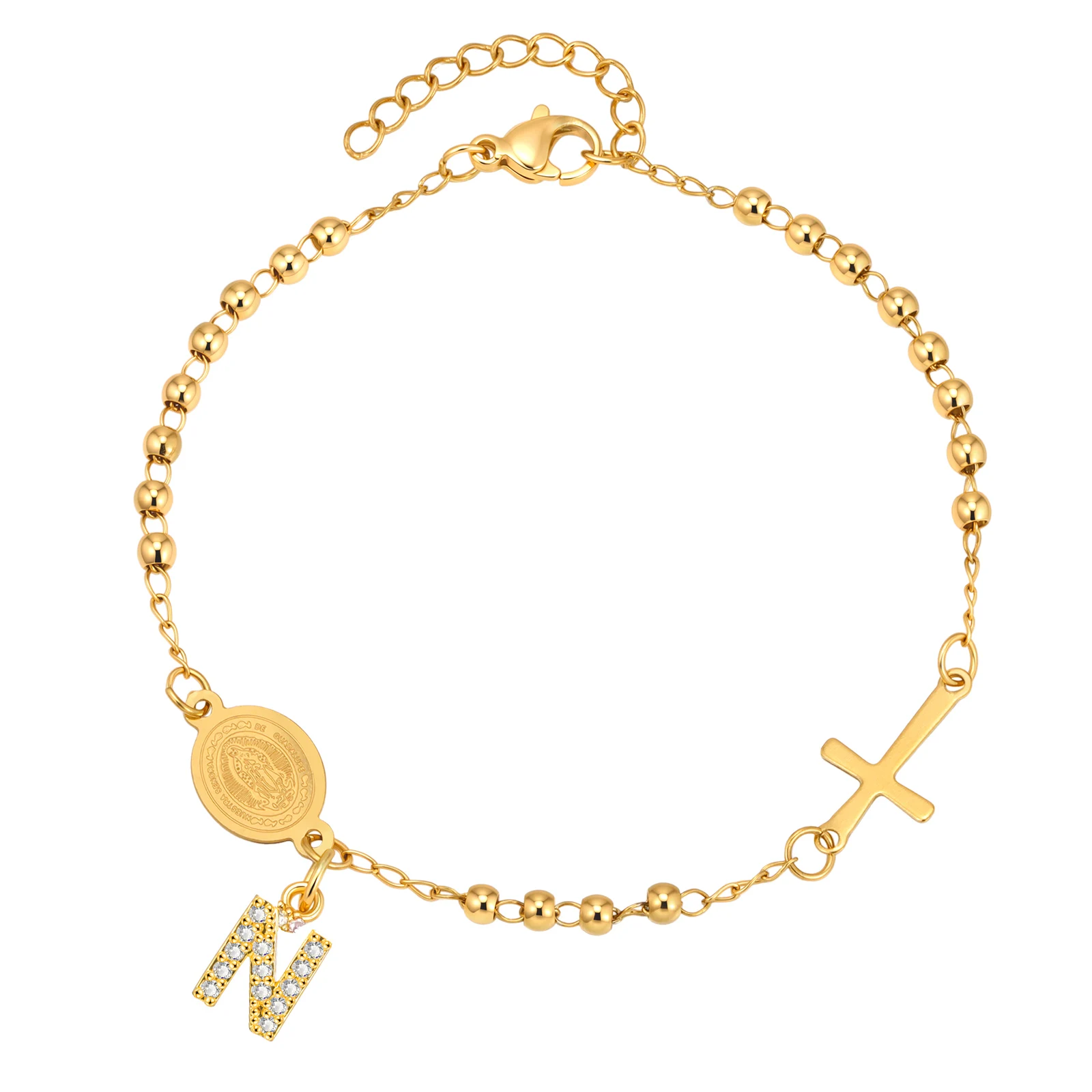 Stainless Steel Rosary Bracelet, Gold-Plated Initial Pendant - Image 15