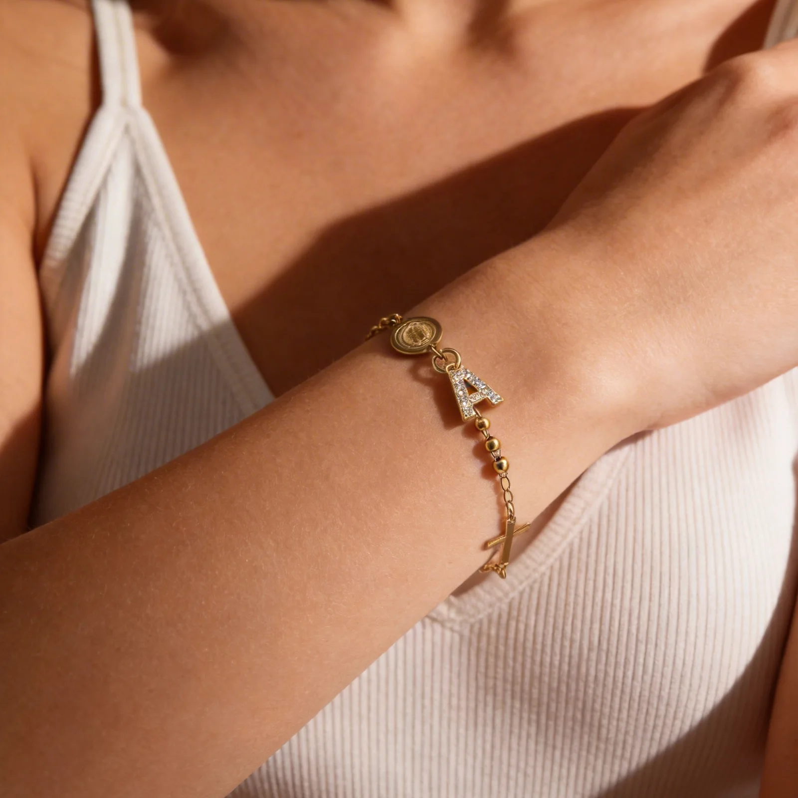 Stainless Steel Rosary Bracelet, Gold-Plated Initial Pendant - Image 5