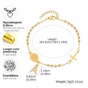 Stainless Steel Rosary Bracelet, Gold-Plated Initial Pendant - Image 6