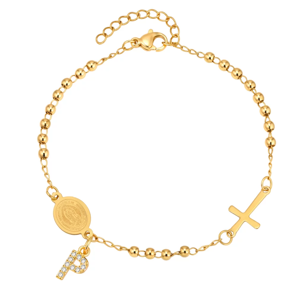 Stainless Steel Rosary Bracelet, Gold-Plated Initial Pendant