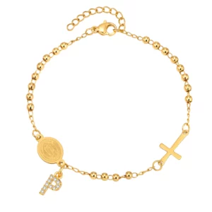 Stainless Steel Rosary Bracelet, Gold-Plated Initial Pendant - Image 9