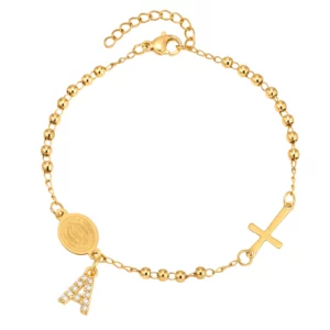 Stainless Steel Rosary Bracelet, Gold-Plated Initial Pendant - Image 24