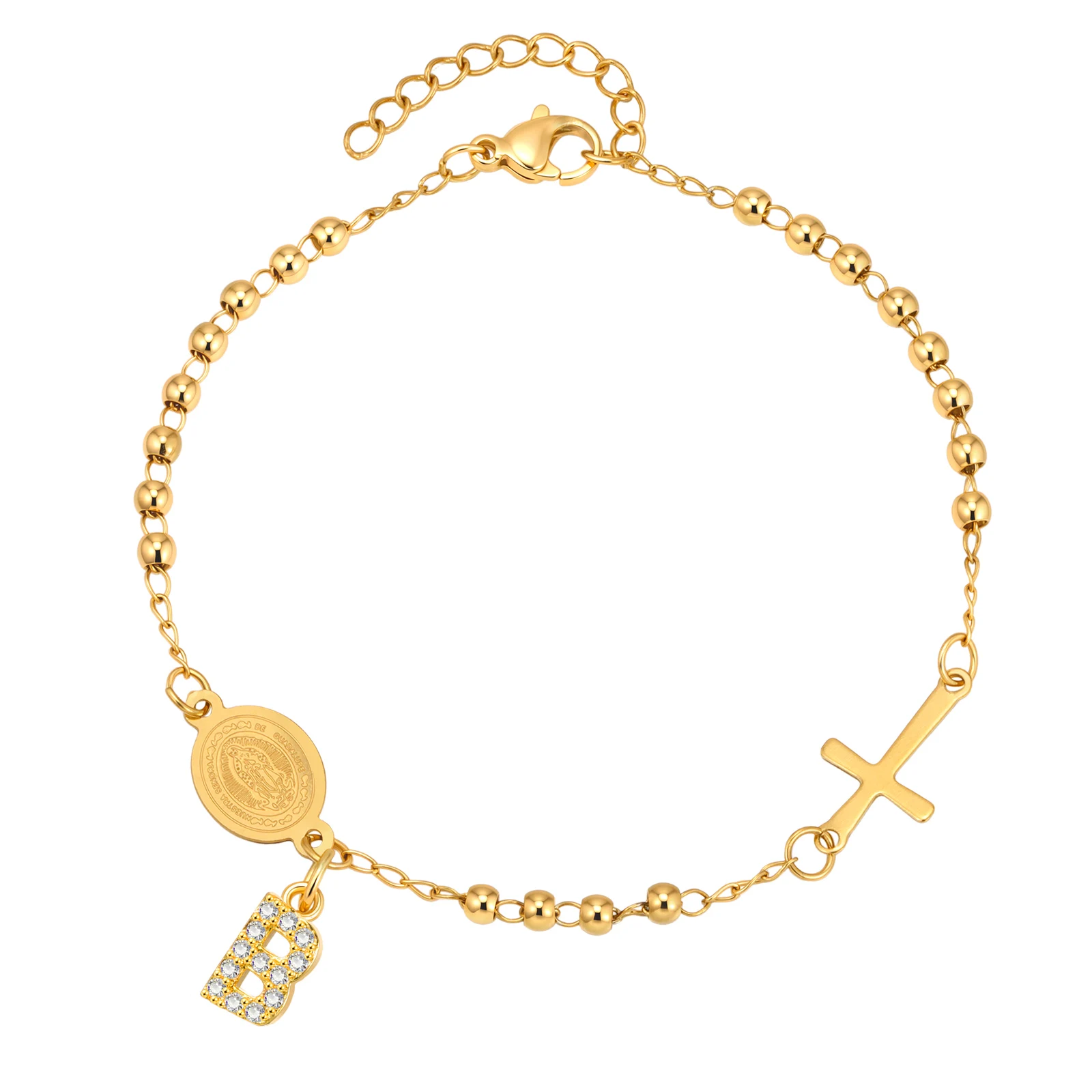Stainless Steel Rosary Bracelet, Gold-Plated Initial Pendant - Image 26