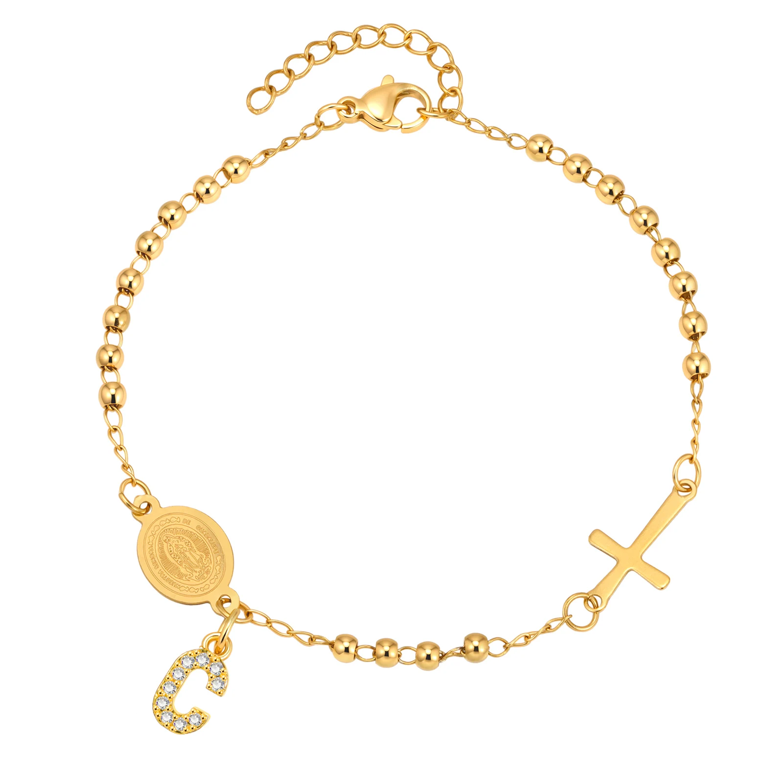 Stainless Steel Rosary Bracelet, Gold-Plated Initial Pendant - Image 25