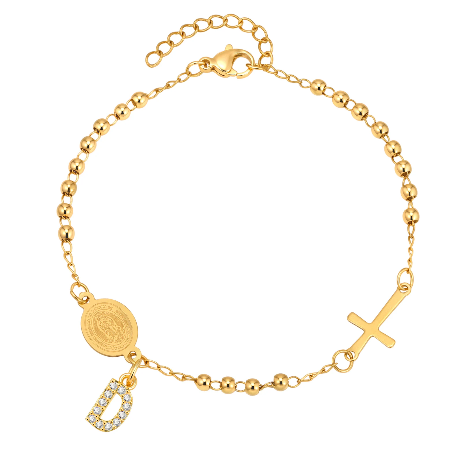 Stainless Steel Rosary Bracelet, Gold-Plated Initial Pendant - Image 21