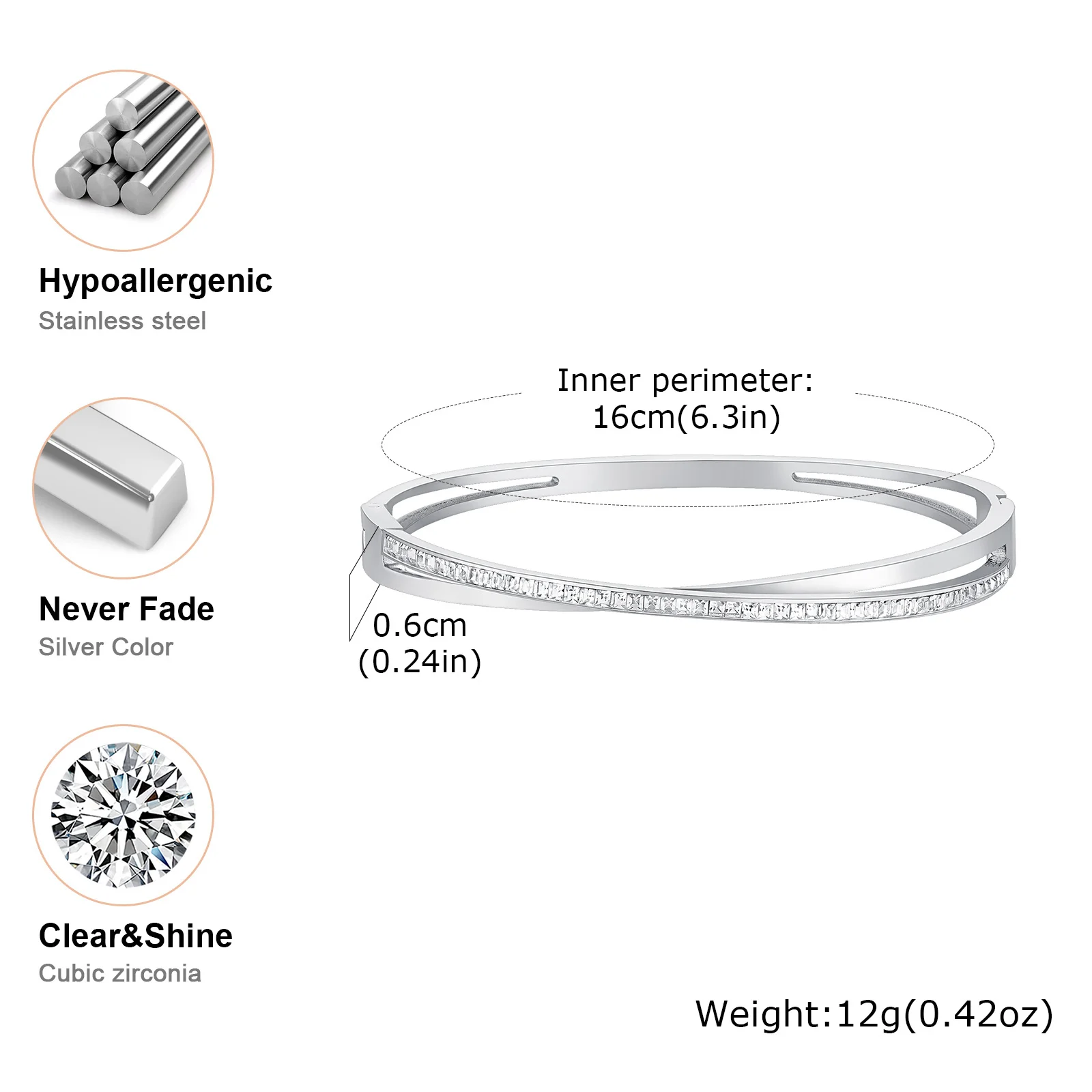 Crossed CZ Stainless Steel Cuff Bangle - Image 2