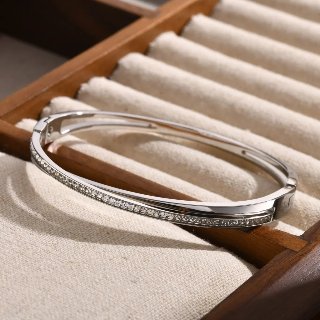 Crossed CZ Stainless Steel Cuff Bangle