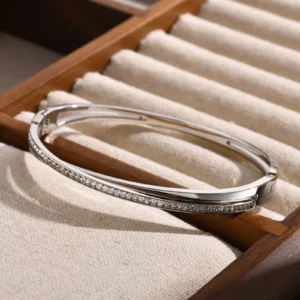 Crossed CZ Stainless Steel Cuff Bangle - Image 3