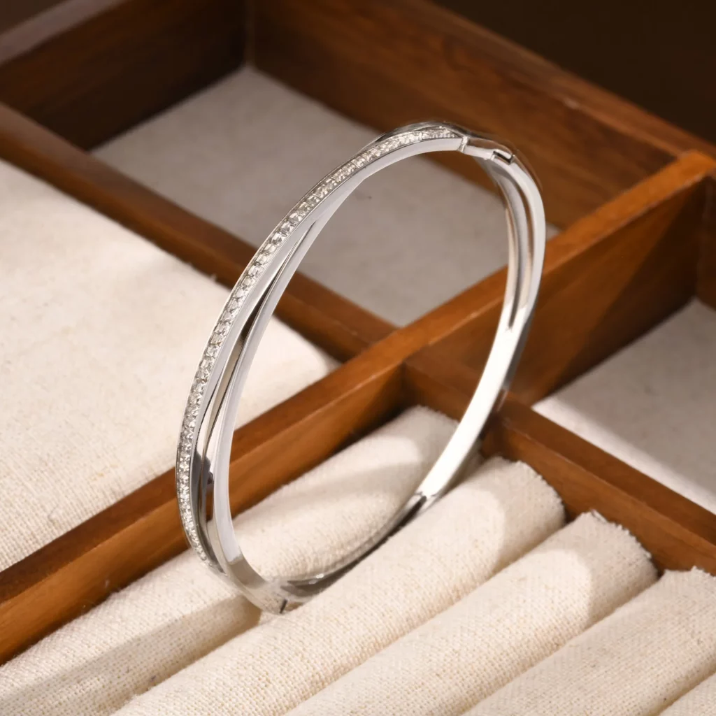 Crossed CZ Stainless Steel Cuff Bangle