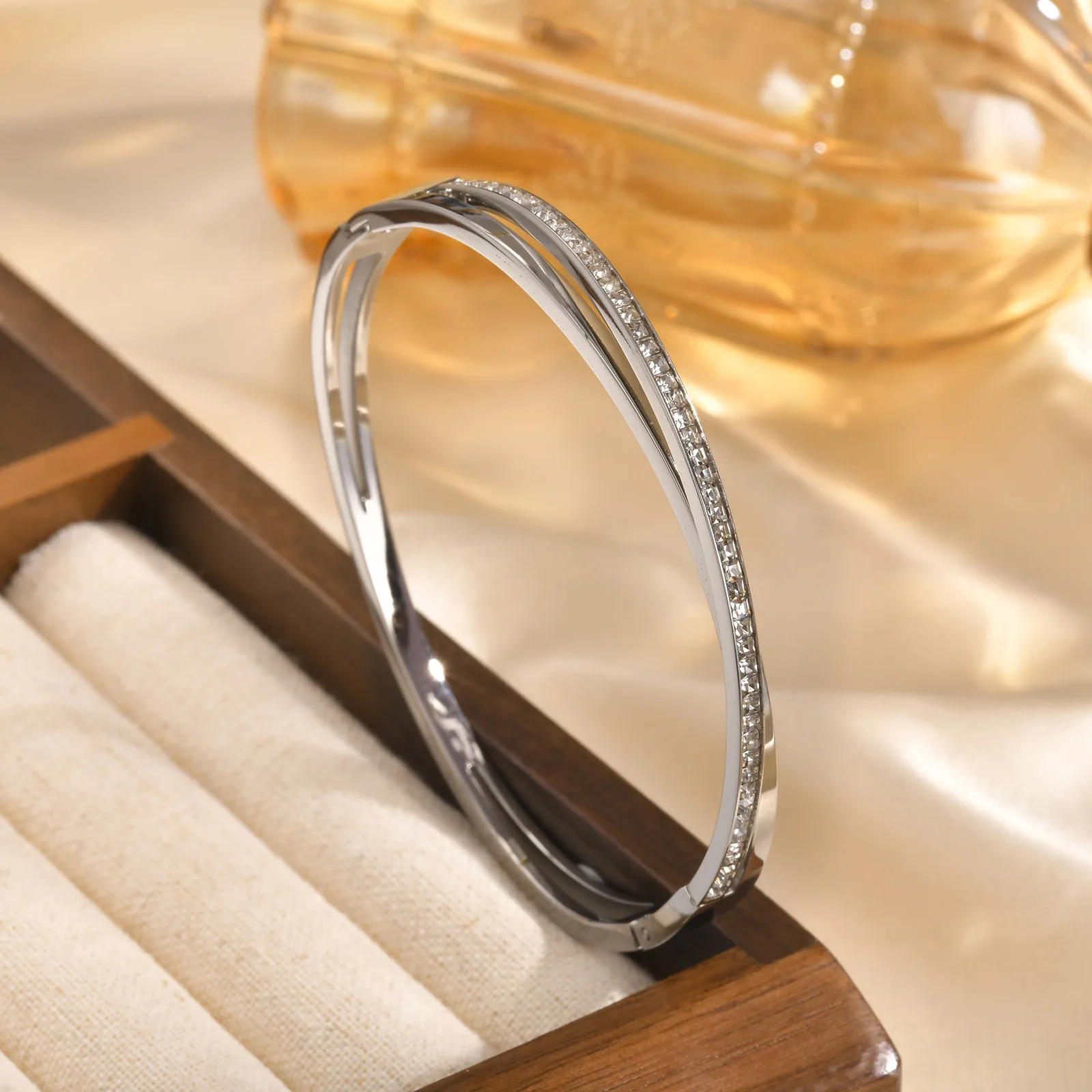 Crossed CZ Stainless Steel Cuff Bangle - Image 5