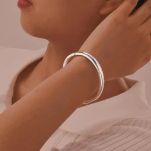 Crossed CZ Stainless Steel Cuff Bangle - Image 6