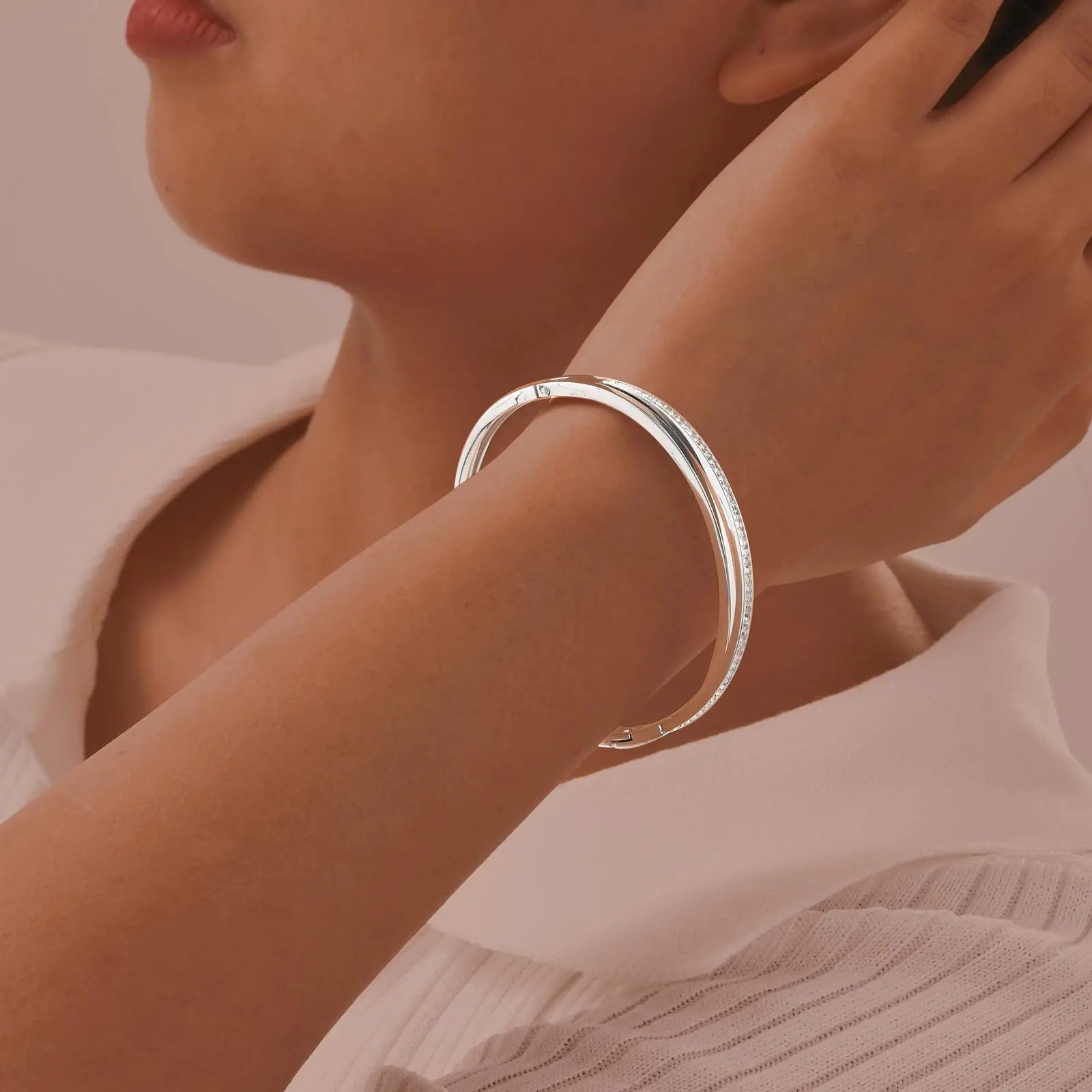 Crossed CZ Stainless Steel Cuff Bangle - Image 6