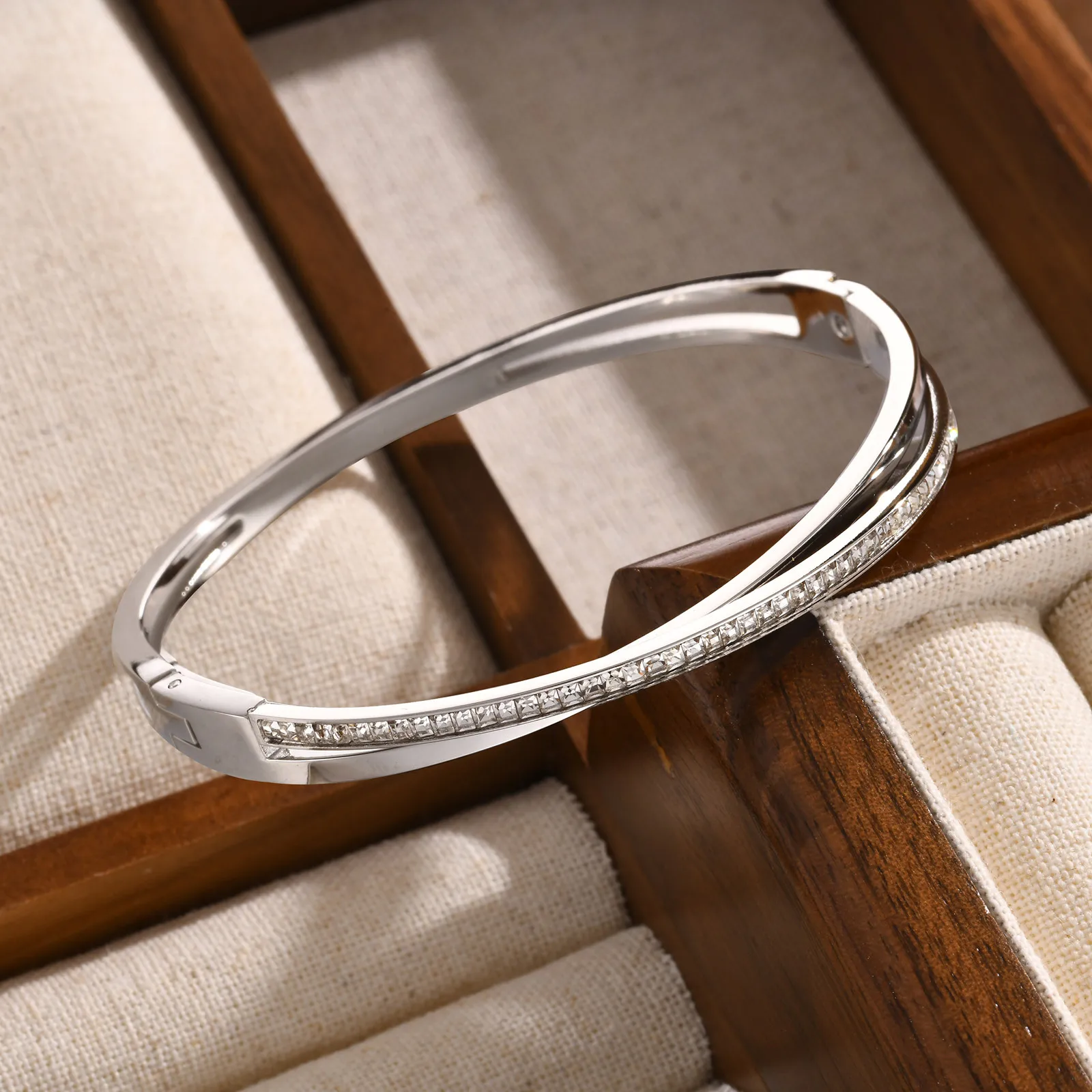 Crossed CZ Stainless Steel Cuff Bangle - Image 1