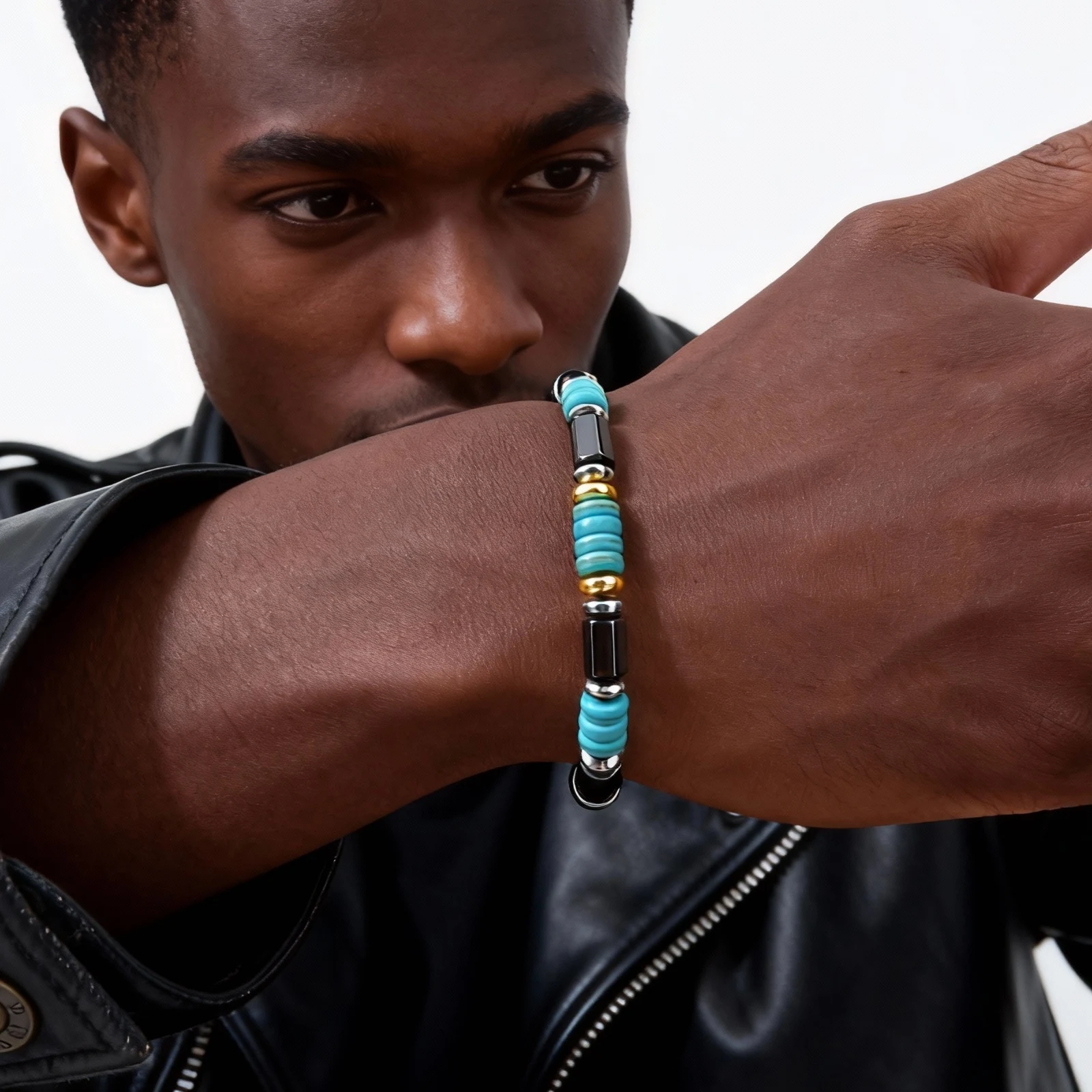 Vintage Blue Stone Bead Bracelet for Men, Bohemian Summer Style - Image 2