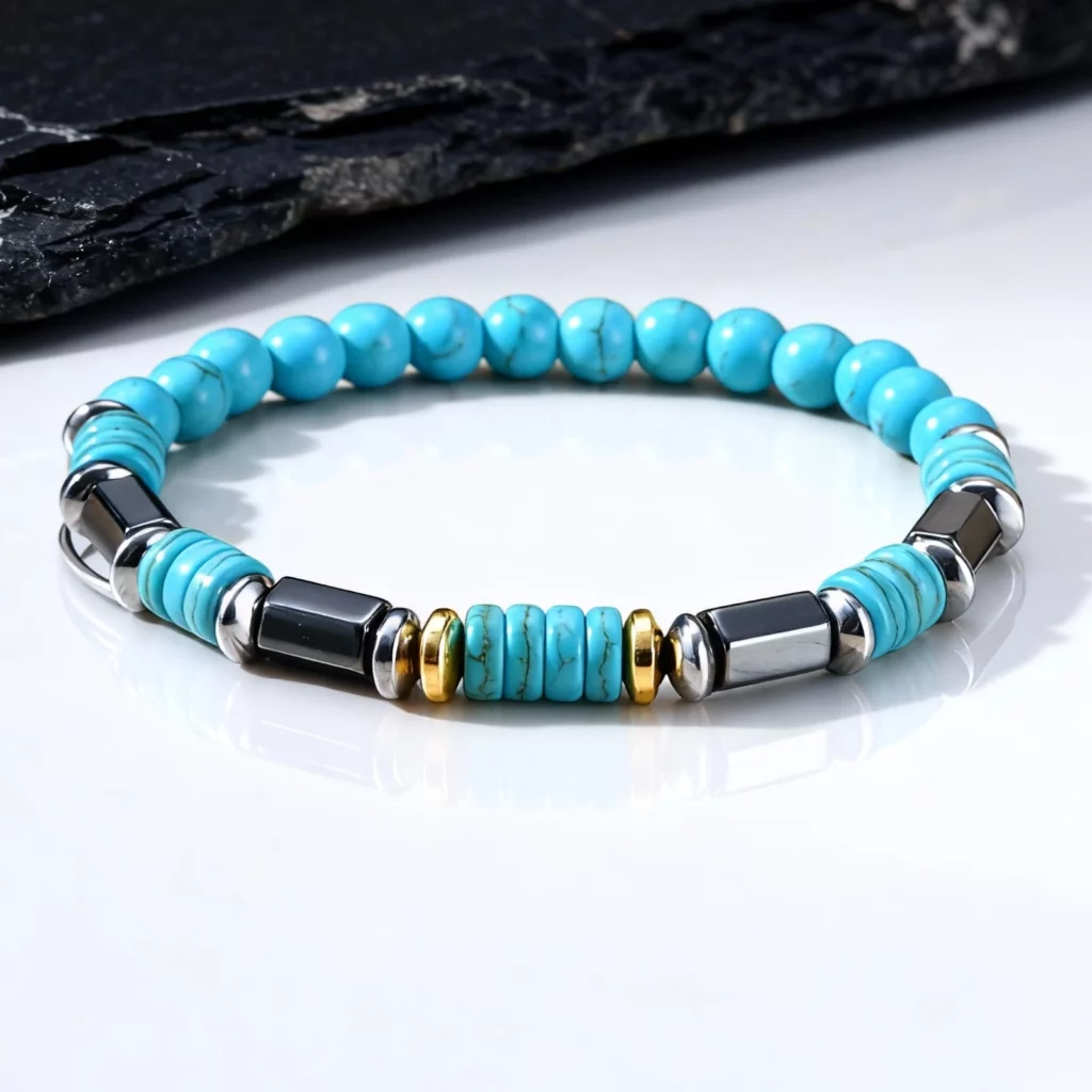 Vintage Blue Stone Bead Bracelet for Men, Bohemian Summer Style