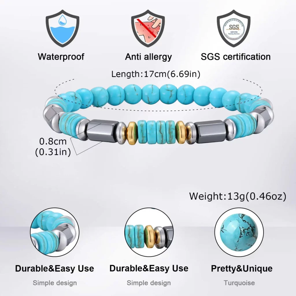 Vintage Blue Stone Bead Bracelet for Men, Bohemian Summer Style