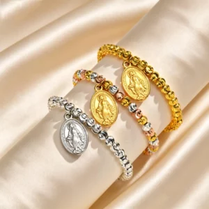 Virgin Mary Tricolor Bead Rosary Bracelet, Stainless Steel - Image 2
