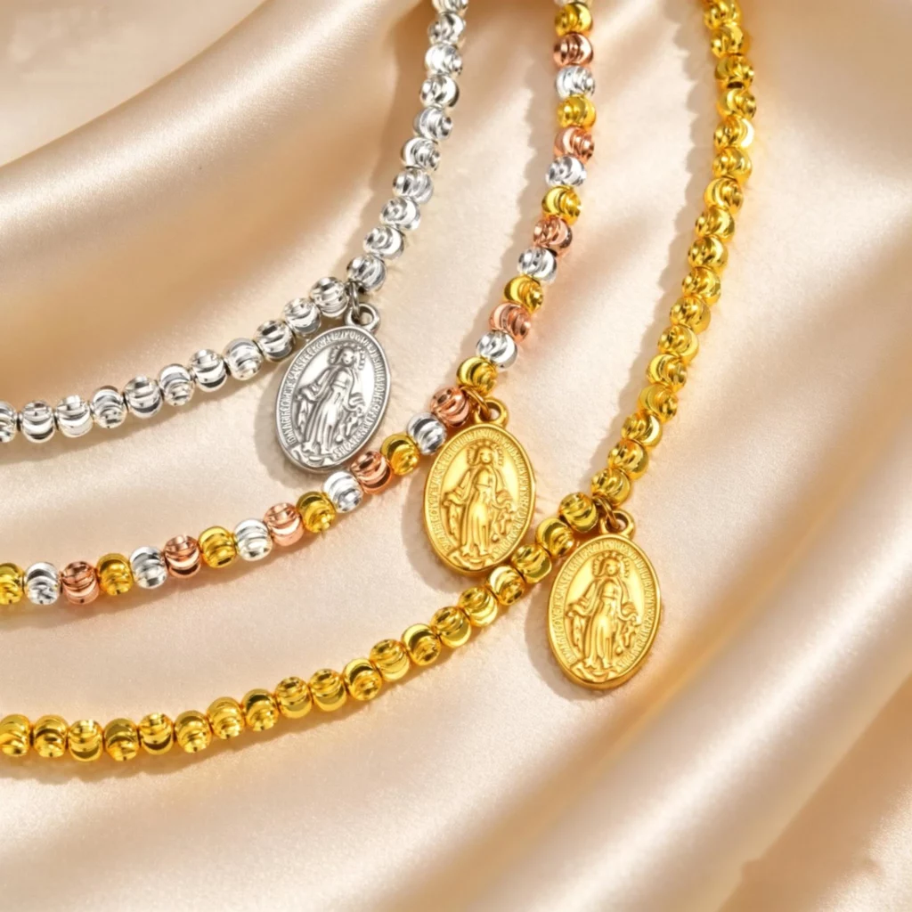 Virgin Mary Tricolor Bead Rosary Bracelet, Stainless Steel
