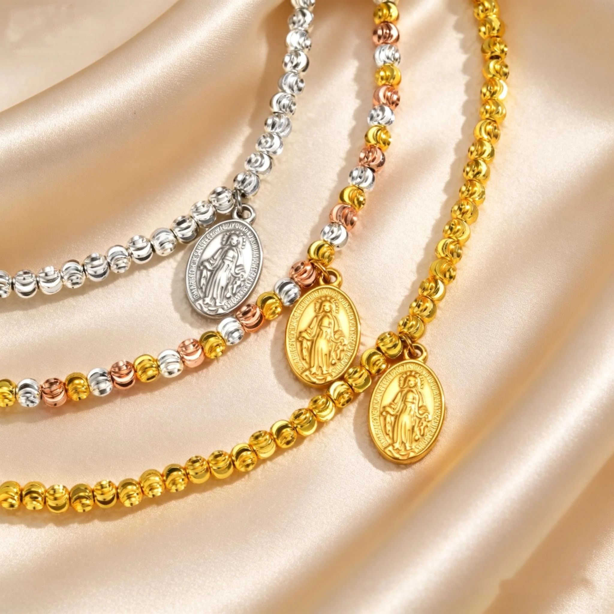 Virgin Mary Tricolor Bead Rosary Bracelet, Stainless Steel - Image 4