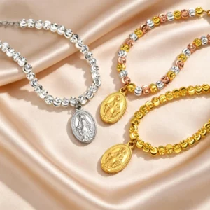 Virgin Mary Tricolor Bead Rosary Bracelet, Stainless Steel - Image 3