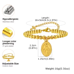 Virgin Mary Tricolor Bead Rosary Bracelet, Stainless Steel - Image 6