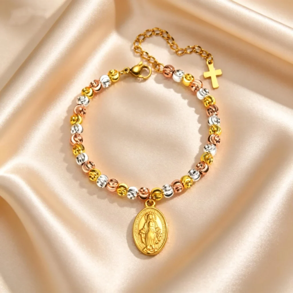 Virgin Mary Tricolor Bead Rosary Bracelet, Stainless Steel
