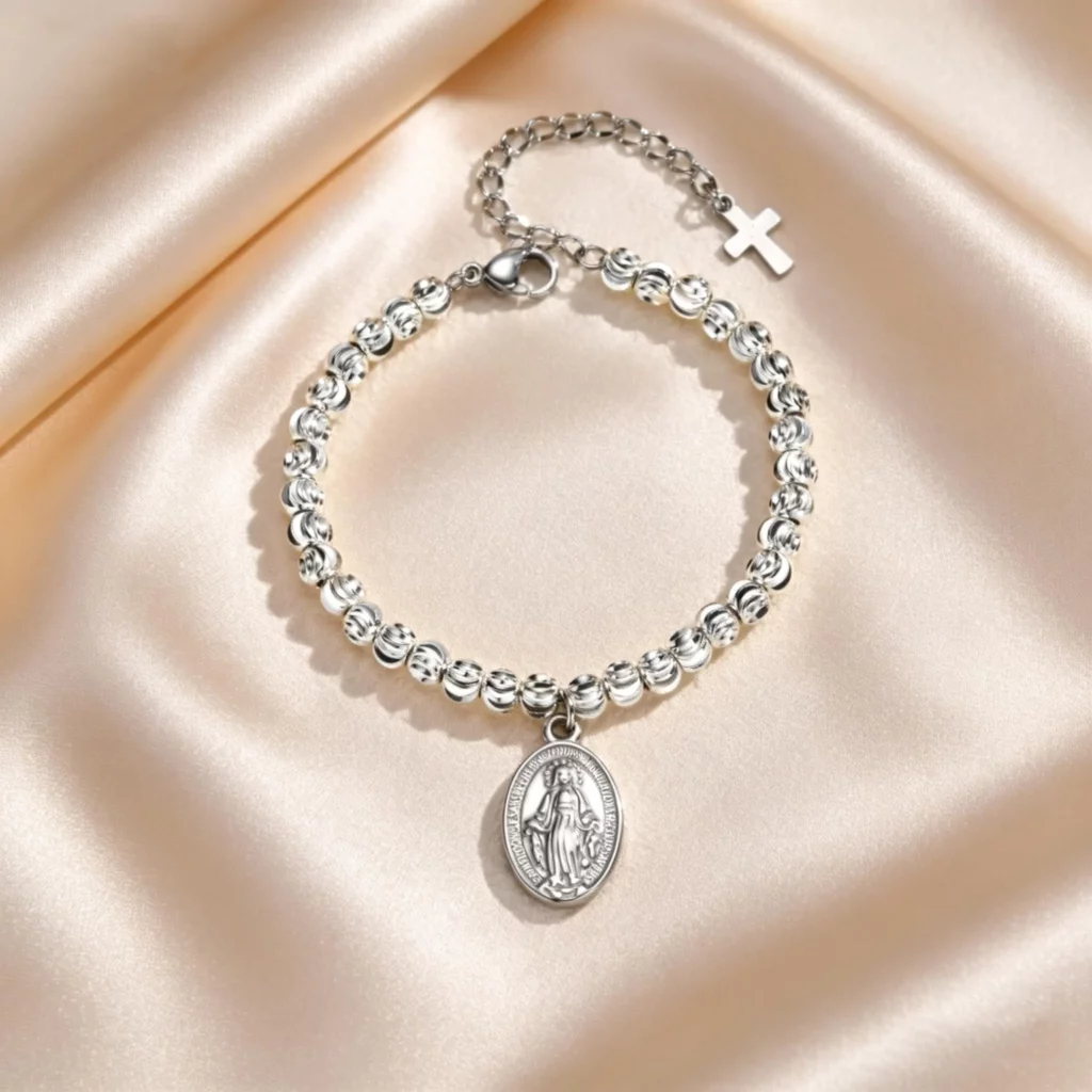 Virgin Mary Tricolor Bead Rosary Bracelet, Stainless Steel